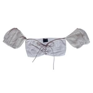 ASOS Puff Sleeve Metallic Striped Crop Top Stretch Bra Top Size 2 Cream Gold